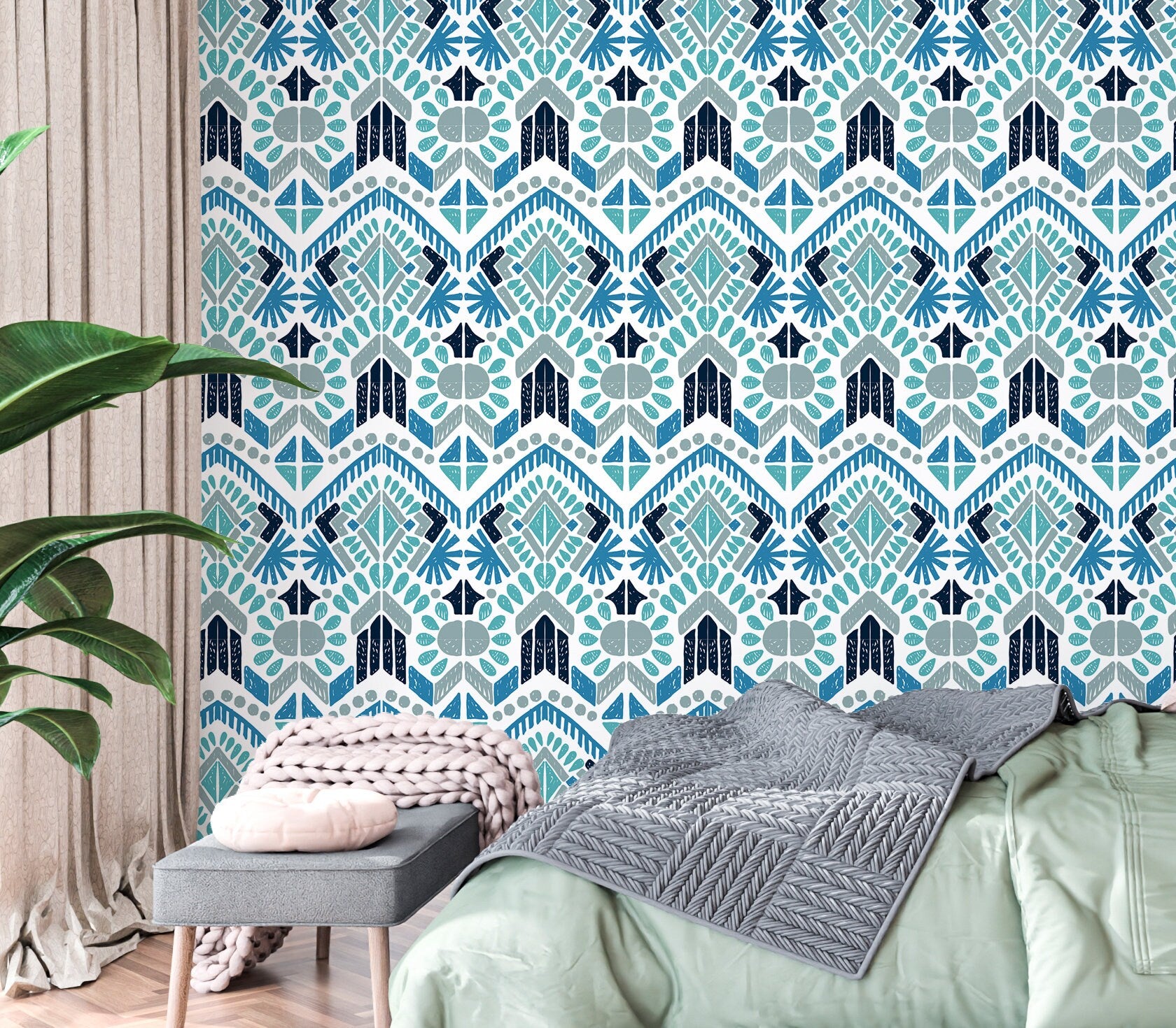 Aztec Wallpaper Peel and Stick, Tribal Ornament Textured Removable Wall Paper