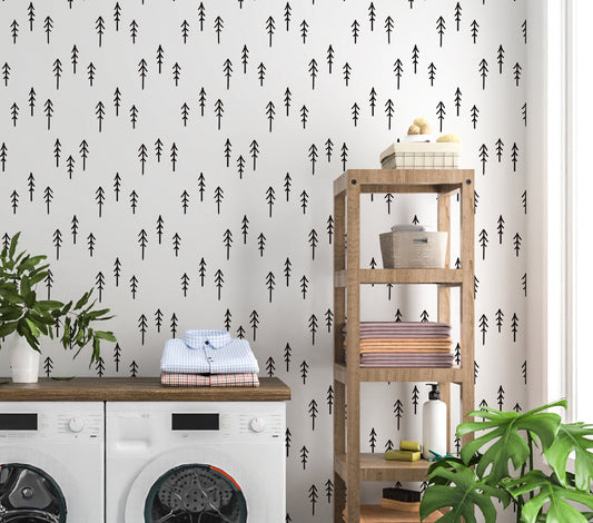 Pine Tree Wallpaper Peel and Stick, Black and White Minimalist Removable Wall Paper