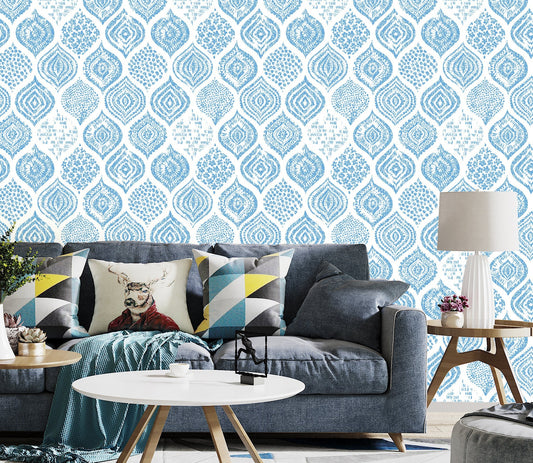 Blue Ikat Wallpaper Peel and Stick, Grunge Ethnic Pattern Canvas Removable Wall Paper