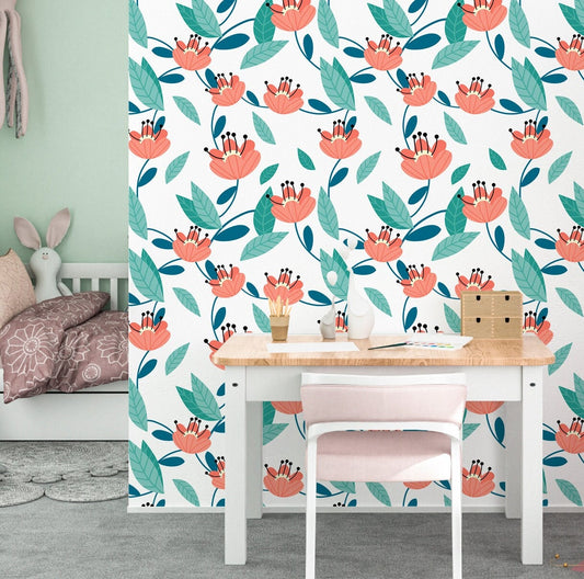 Red Flower Wallpaper Peel and Stick, Spring Leaf Canvas Removable Wall Paper