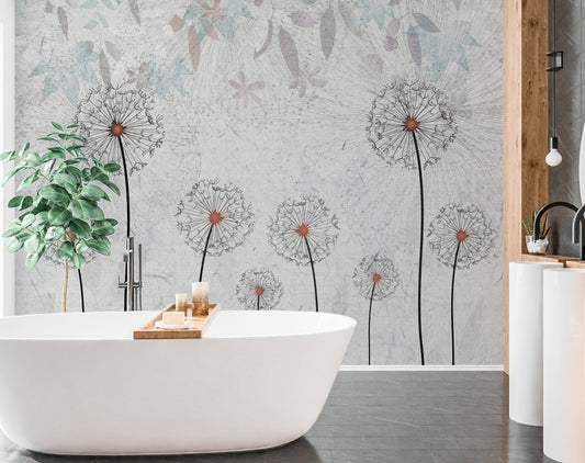 Dandelion Wallpaper Peel and Stick, Gray Botanical Mural Canvas Removable Wall Paper