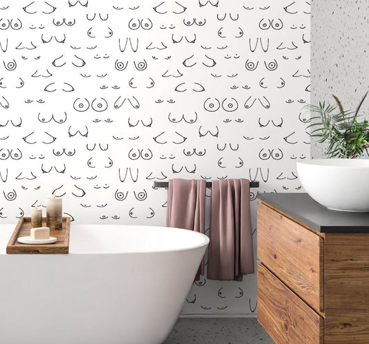 Funny Peel and Stick Wallpaper Boobies, Breast Line Art Canvas Removable Wall Paper