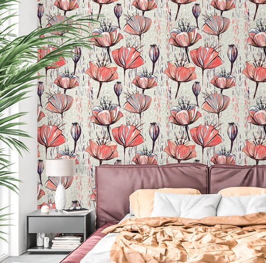 Poppy Wallpaper Peel and Stick, Tulip Canvas Texture Removable Wall Paper