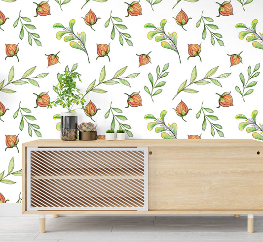 Green Leaves and Berries Wallpaper Peel and Stick,  Vintage Foliage Canvas Removable Wall Paper