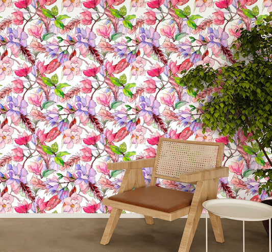 Magnolia Wallpaper Peel and Stick, Watercolor Garden Canvas Removable Wall Paper