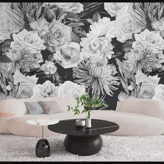 Black and White Peony Wallpaper Peel and Stick, Big Flower Wallpaper, Removable Wall Paper