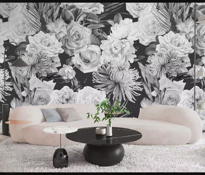 Black and White Peony Wallpaper Peel and Stick, Big Flower Wallpaper, Removable Wall Paper
