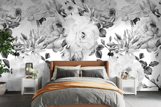 Large Rose Wallpaper Black and White Floral Wallpaper Peel and Stick Big Flower Wallpaper, Removable Wallpaper Mural