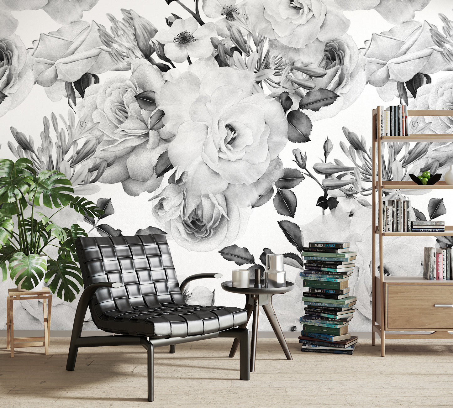 Large Rose Wallpaper Black and White Floral Wallpaper Peel and Stick Big Flower Wallpaper, Removable Wallpaper Mural