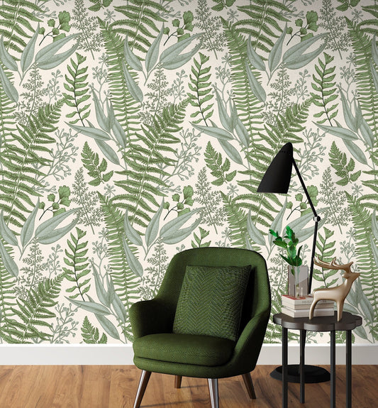 Fern Wallpaper, Green Leaf Wallpaper Peel and Stick, Botanical Wallpaper, Tropical Wallpaper, Removable Wall Paper