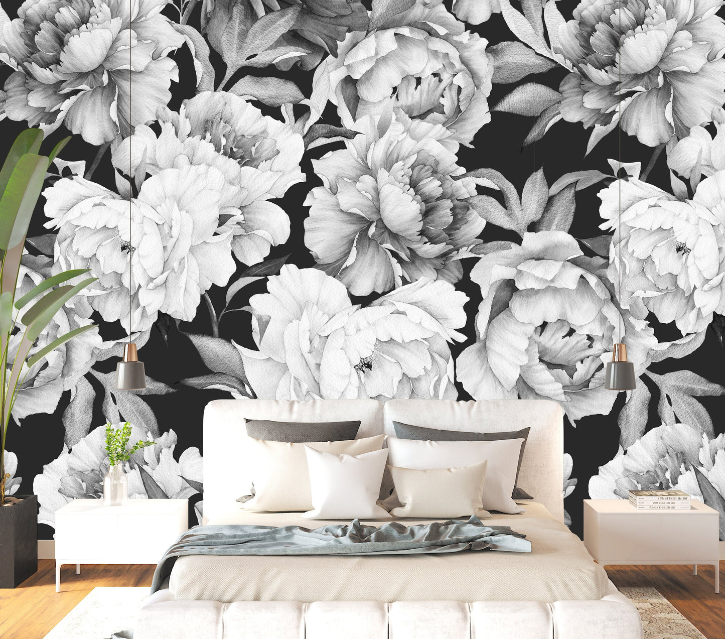 Peony Wallpaper, Big Flower Wallpaper Peel and Stick, Black and White Wallpaper, Watercolor Floral Wallpaper, Removable Wall Paper