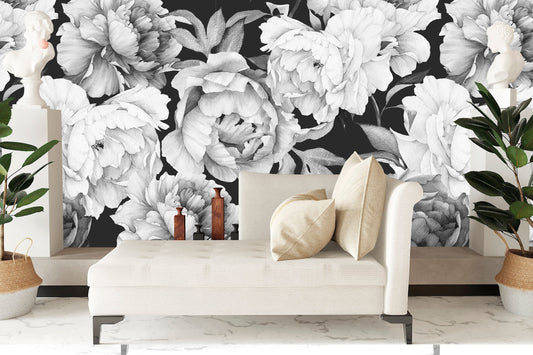 Peony Wallpaper, Big Flower Wallpaper Peel and Stick, Black and White Wallpaper, Watercolor Floral Wallpaper, Removable Wall Paper