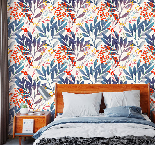 Berry and Blue Leaf Wallpaper for bedroom