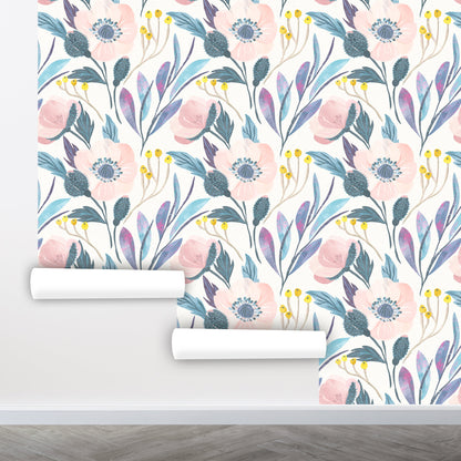 Big Flower Wallpaper, Blue Leaf Wallpaper Peel and Stick, Watercolor Floral Wallpaper Bedroom, Nursery Wallpaper, Removable Wall Paper