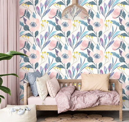 Big Flower Wallpaper, Blue Leaf Wallpaper Peel and Stick, Watercolor Floral Wallpaper Bedroom, Nursery Wallpaper, Removable Wall Paper