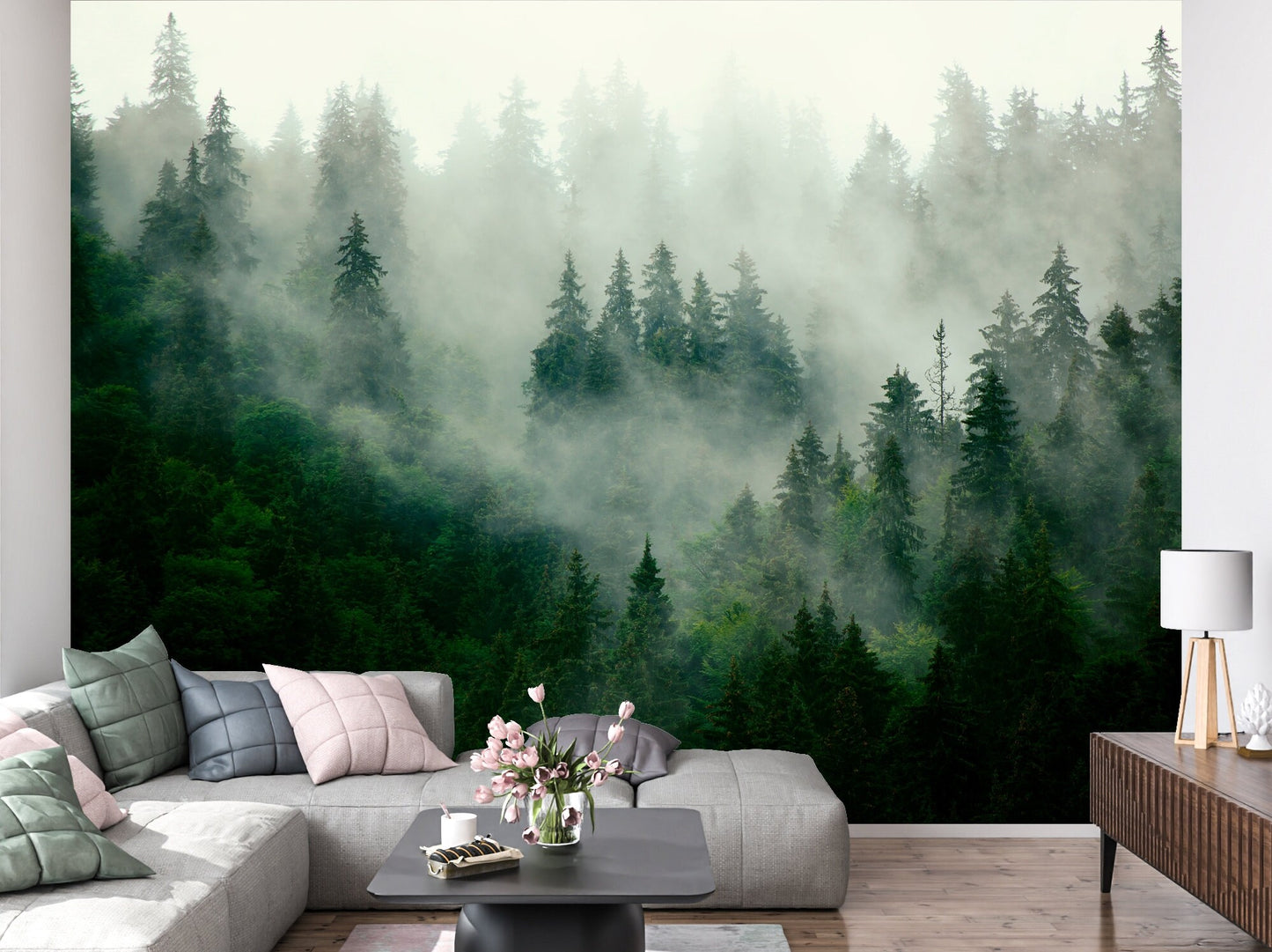 Foggy Forest Wallpaper Peel and Stick, Pine Tree Wallpaper, Landscape Wallpaper, Mountain Wallpaper, Removable Wall Paper