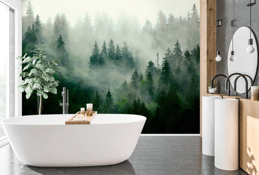 Foggy Forest Wallpaper Peel and Stick, Pine Tree Wallpaper, Landscape Wallpaper, Mountain Wallpaper, Removable Wall Paper