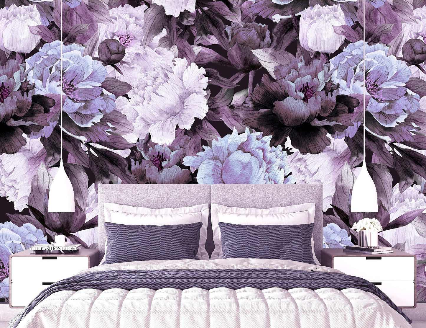 Purple Wallpaper Peel and Stick, Dark Floral Wallpaper, Big Flower Wallpaper, Peony Wallpaper, Removable Wall Paper
