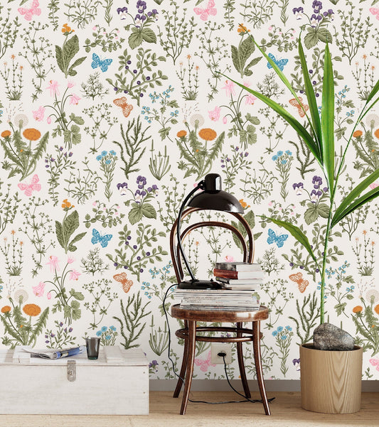 Dandelion Wallpaper, Wildflower Wallpaper Peel and Stick, Botanical Wallpaper, Green Leaf Wallpaper, Removable Wall Paper
