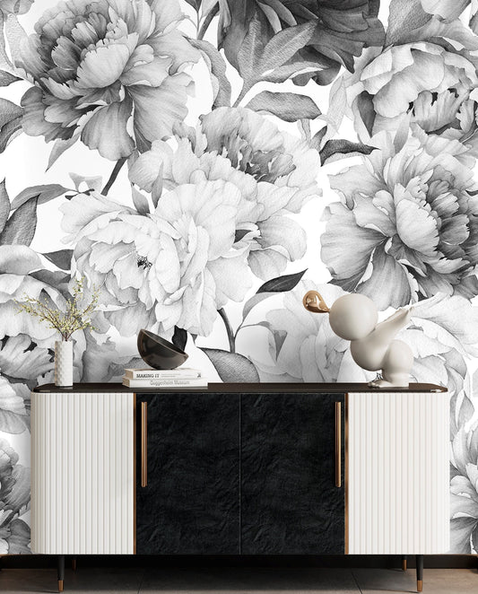 Peony Wallpaper Black and White