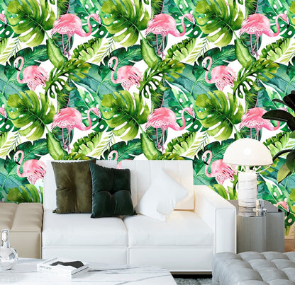 Flamingo Wallpaper Peel and Stick, Palm Wallpaper, Tropical Wallpaper, Removable Wall Paper