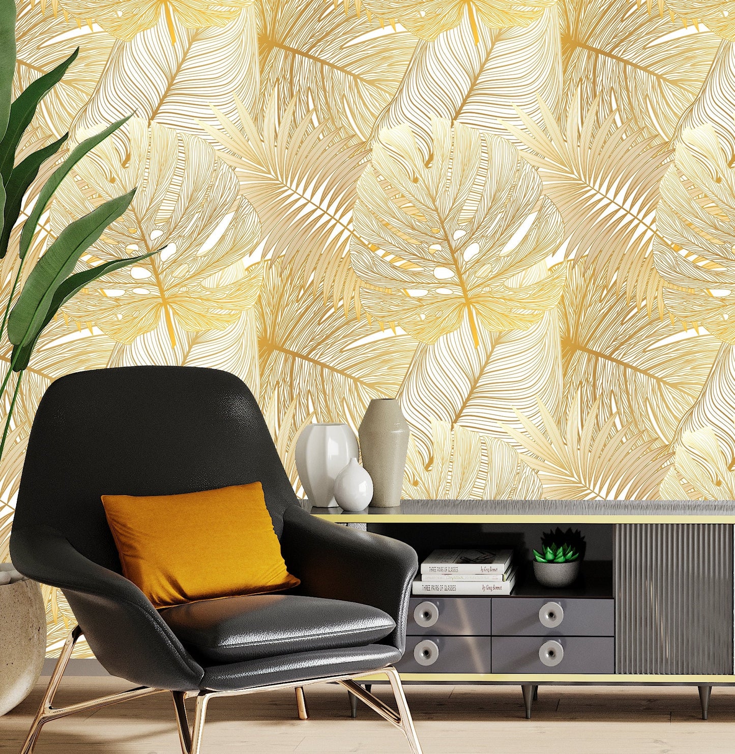 Gold Leaf Wallpaper Peel and Stick, Palm Leaf Wallpaper, Yellow Wallpaper, Self Adhesive Wallpaper, Removable Wall Paper