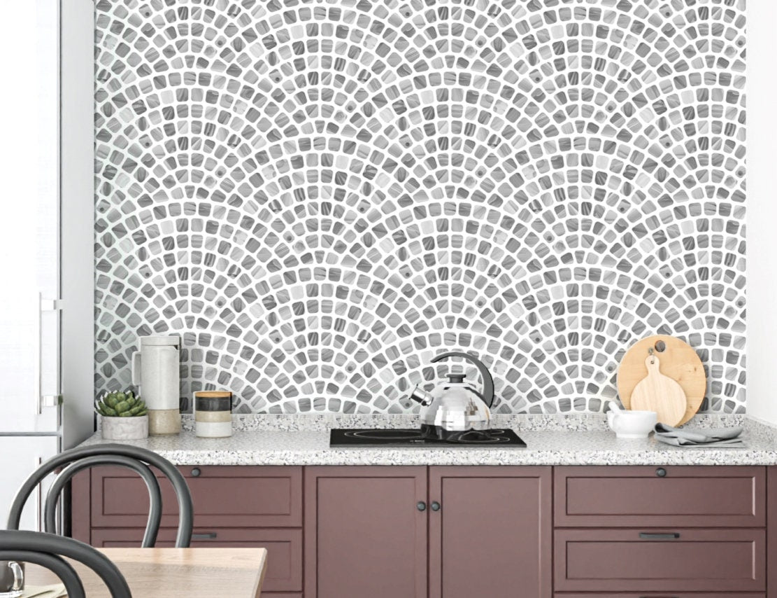 Grey Tile Wallpaper Peel and Stick, Mosaic Wallpaper for Kitchen, Scallop Wallpaper Bathroom, Removable Wall Paper