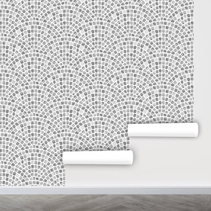 Grey Tile Wallpaper Peel and Stick, Mosaic Wallpaper for Kitchen, Scallop Wallpaper Bathroom, Removable Wall Paper