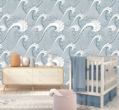 Waves Wallpaper, Big Wave Wallpaper Peel and Stick, Ocean Wallpaper, Ocean Wall Mural, Nursery Wallpaper, Removable Wall Paper