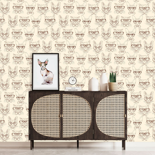 Cat Wallpaper Peel and Stick, Nerd Wallpaper, Animal Wallpaper, Hand Drawn Wallpaper, Removable Wall Paper