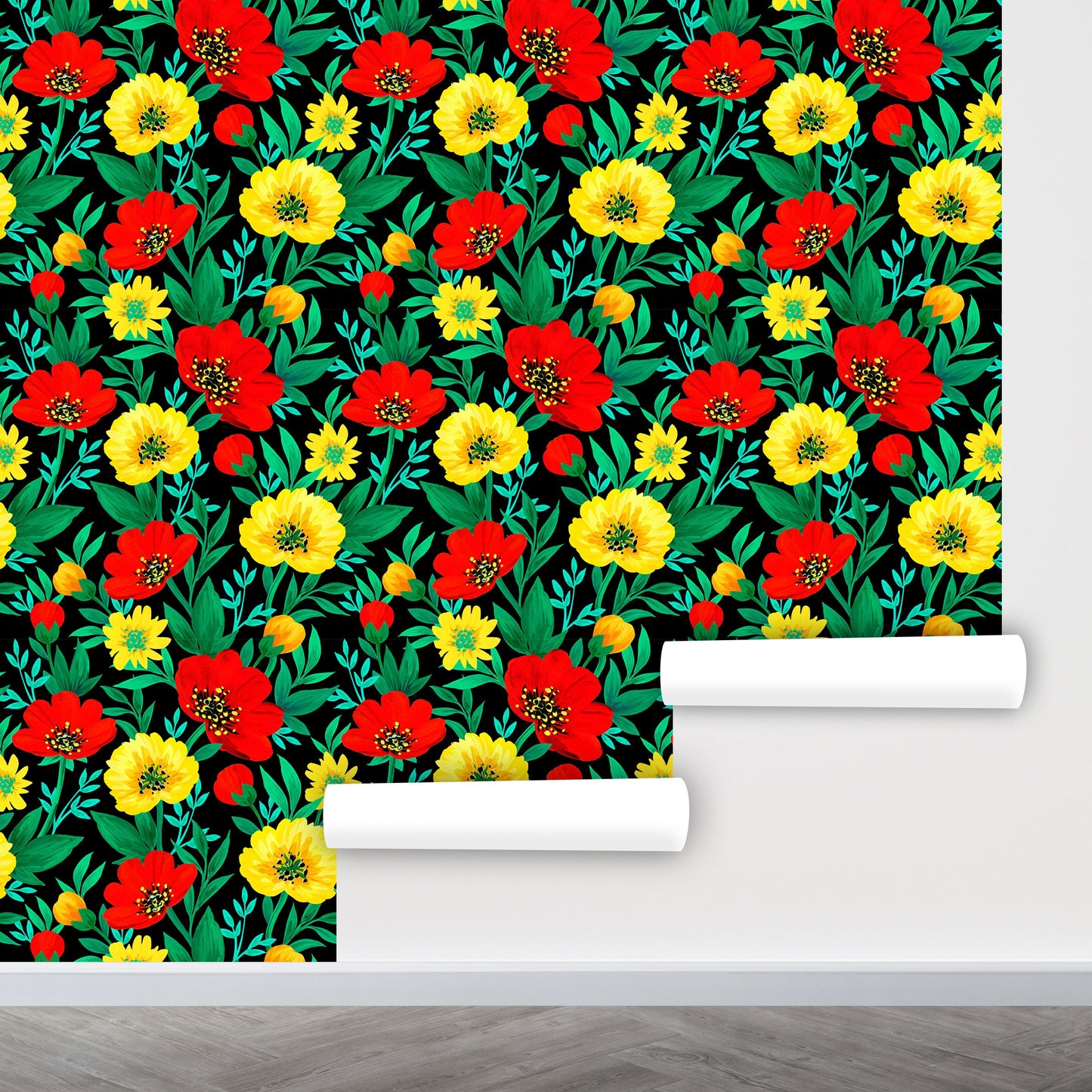Red Flower Wallpaper Peel and Stick, Colorful Wallpaper, Yellow Wallpaper, Dark Floral Wallpaper, Removable Wall Paper