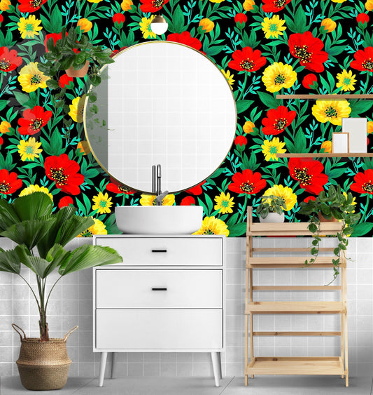 Red Flower Wallpaper Peel and Stick, Colorful Wallpaper, Yellow Wallpaper, Dark Floral Wallpaper, Removable Wall Paper