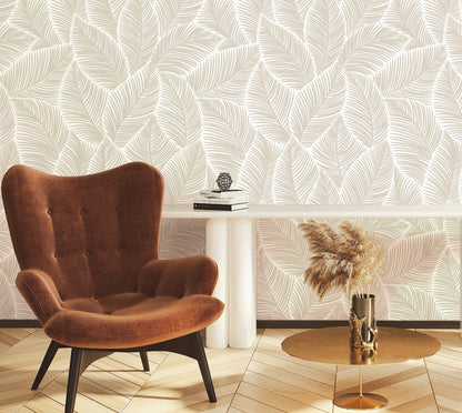 Beige Leaf Wallpaper Peel and Stick, Botanical Wallpaper, Scandinavian Wallpaper, Removable Wall Paper