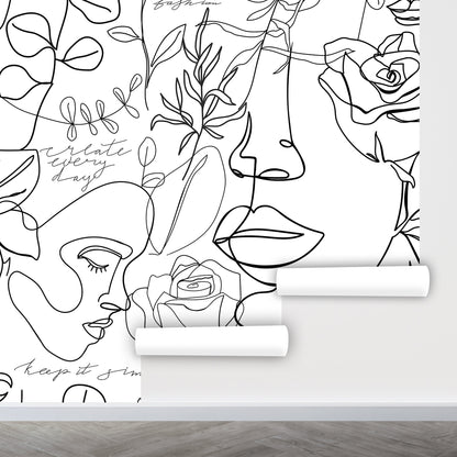Faces Wallpaper Peel and Stick, Line Art Wallpaper, Black and White Wallpaper, Removable Wall Paper