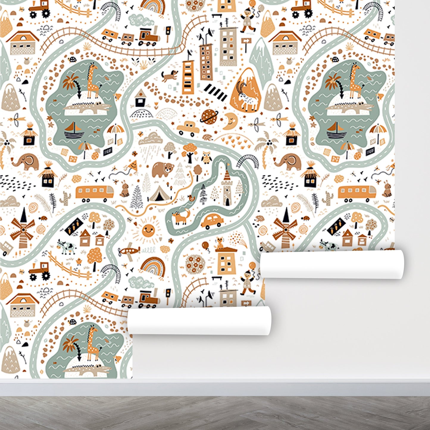 Boys Room Wallpaper Peel and Stick, Village Wallpaper, City Map Wallpaper, Road Wallpaper, Nursery Wallpaper, Removable Wall Paper