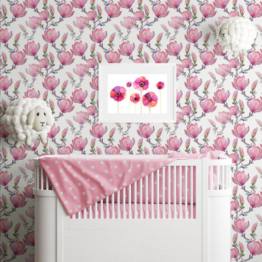 Pink Floral Wallpaper Peel and Stick, Nursery Wallpaper, Removable Wall Paper