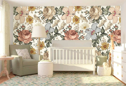 Big Flower Wallpaper Peel and Stick, Vintage Floral Wallpaper Nursery Wallpaper, Removable Wall Paper