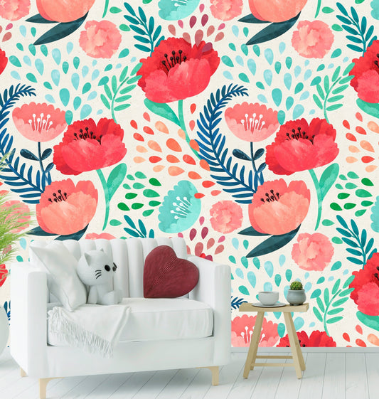 Poppy Wallpaper Peel and Stick, Watercolor Floral Wallpaper, Big Flower Wallpaper, Removable Wall Paper