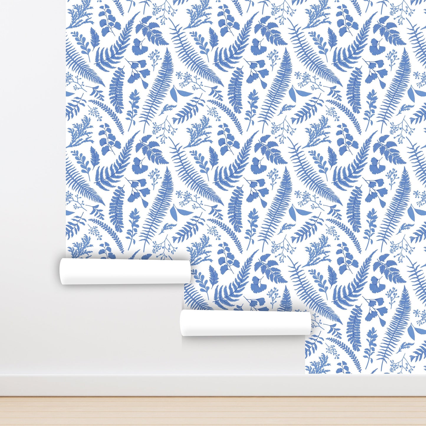 Blue Leaf Wallpaper Peel and Stick, Fern Wallpaper, Nursery Wallpaper, Herbs Wallpaper, Removable Wall Paper