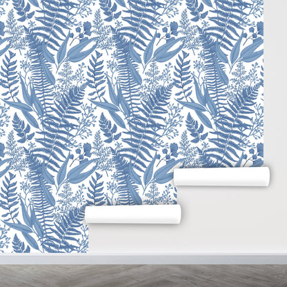 Blue Leaf Wallpaper Peel and Stick, Fern Wallpaper, Tropical Leaves Wallpaper, Removable Wall Paper