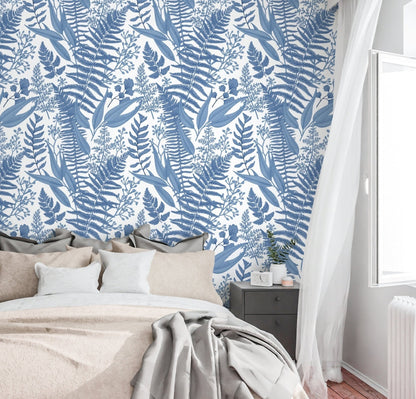 Blue Leaf Wallpaper Peel and Stick, Fern Wallpaper, Tropical Leaves Wallpaper, Removable Wall Paper