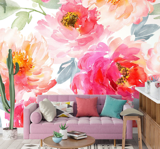 Hot Pink Wallpaper, Big Flower Wallpaper Peel and Stick, Watercolor Floral Wallpaper Bedroom, Nursery Wallpaper