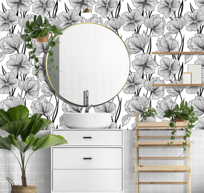 Black and White Floral Wallpaper Peel and Stick, Line Art Wallpaper, Removable Wall Paper