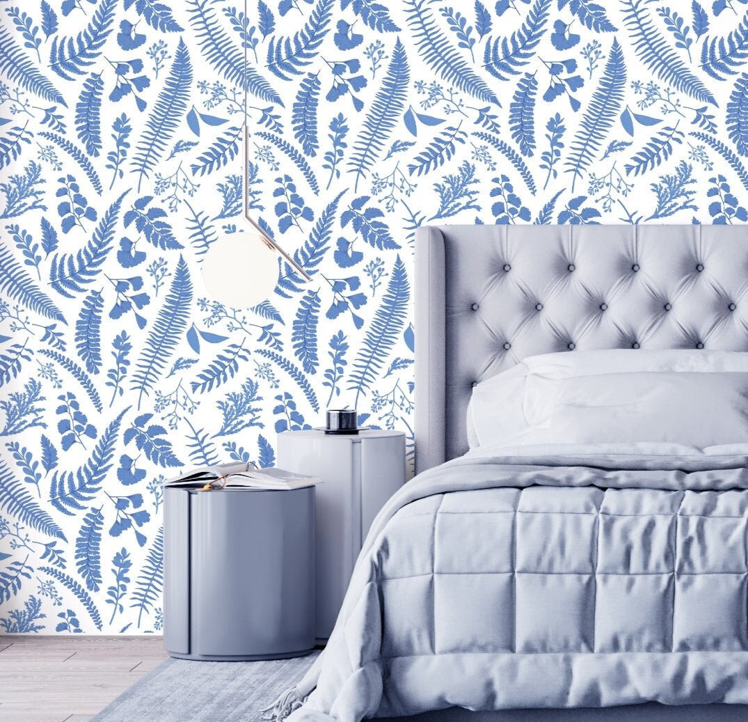 Blue Leaf Wallpaper Peel and Stick, Fern Wallpaper, Nursery Wallpaper, Herbs Wallpaper, Removable Wall Paper