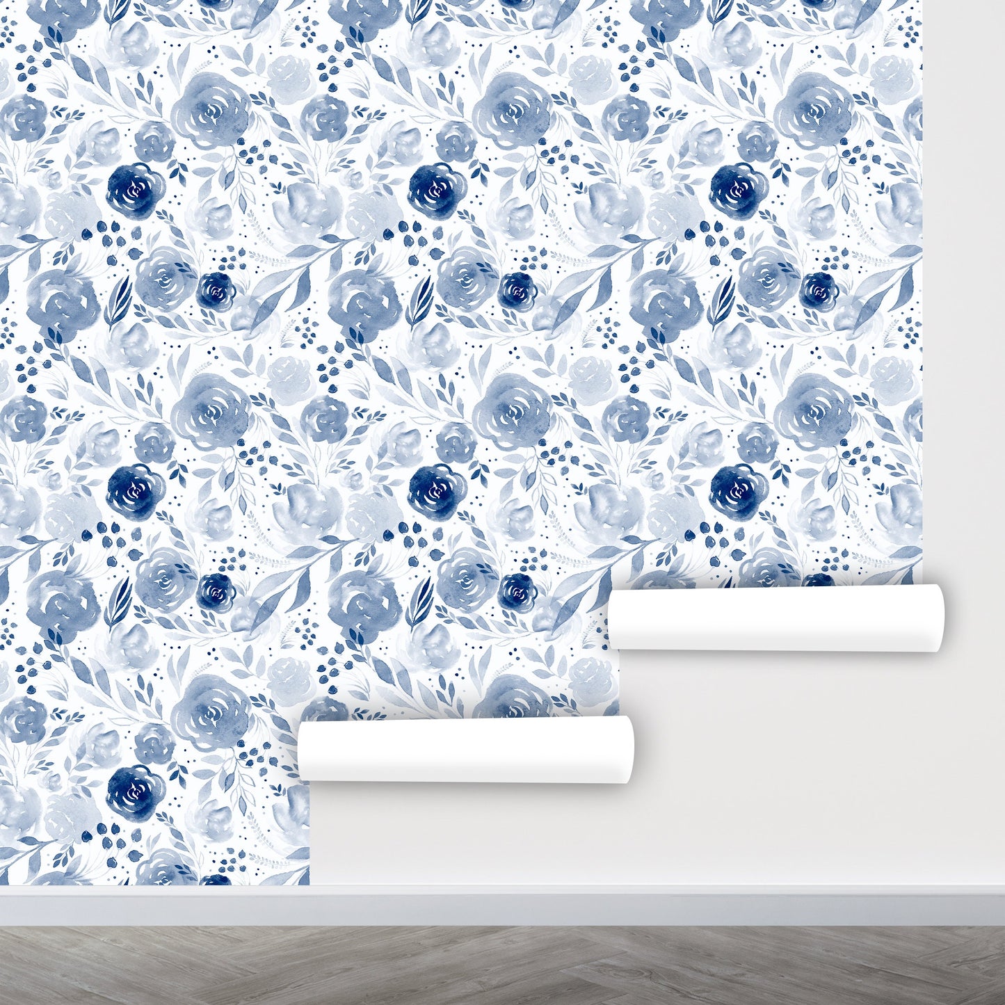 Blue Floral Wallpaper Peel and Stick, Blue Rose Wallpaper, Watercolor Wallpaper, Nursery Wallpaper, Removable Wall Paper