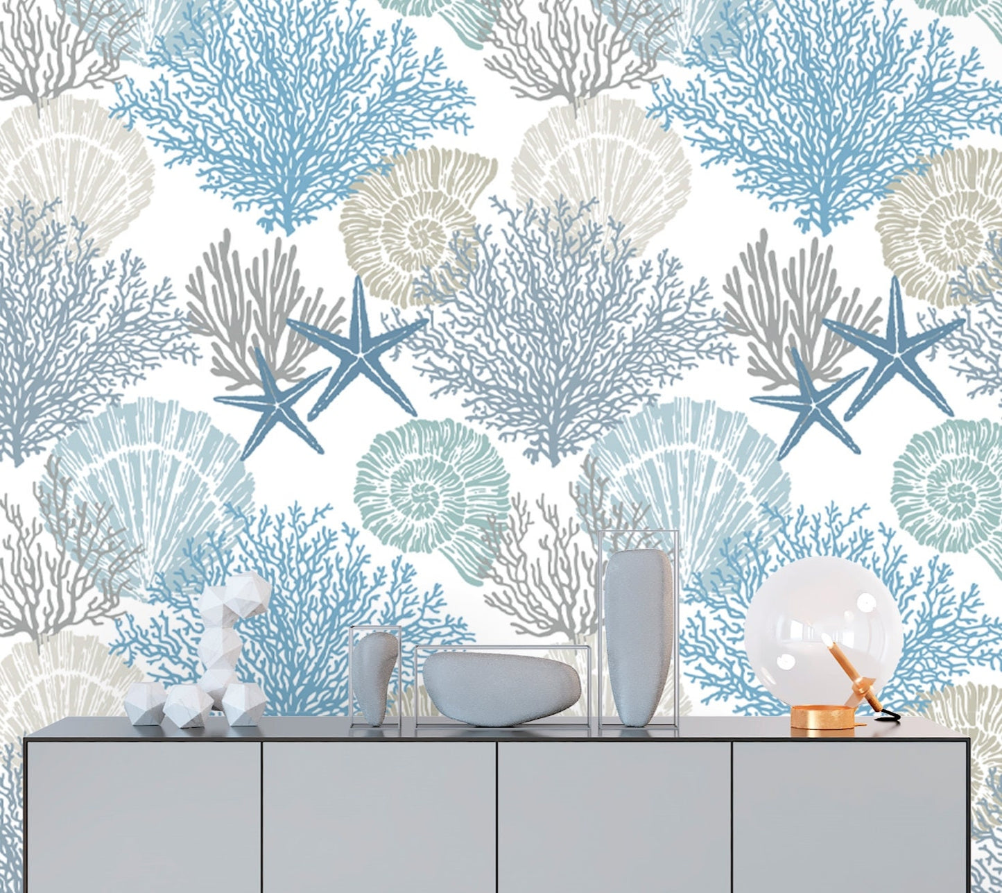 Coral Reef Wallpaper Peel and Stick, Starfish Wallpaper, Sea Life Wallpaper, Seashell Wallpaper, Removable Wall Paper