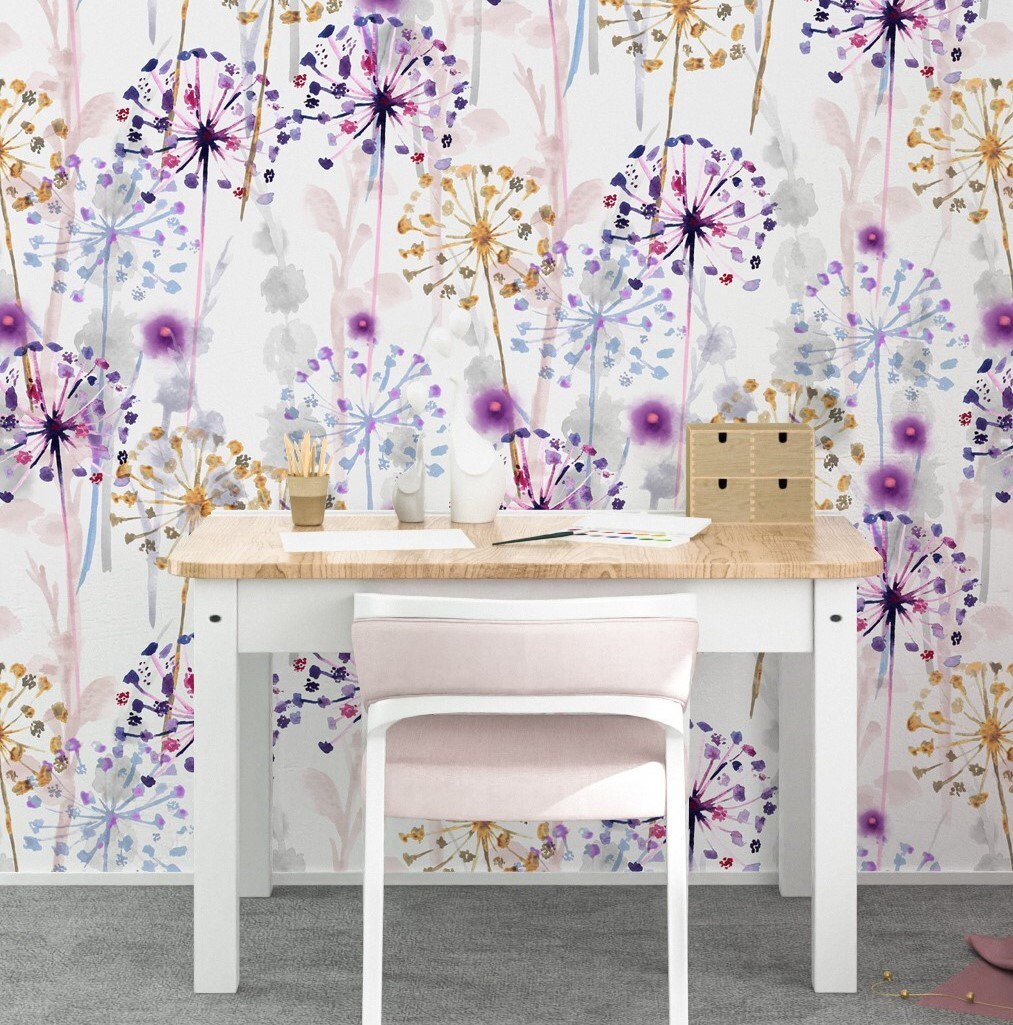 Dandelion Wallpaper Peel and Stick, Watercolor Floral Wallpaper, Removable Wall Paper