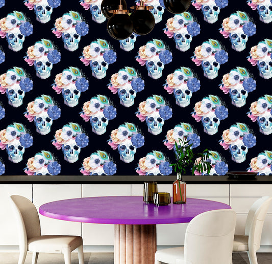 Scull Wallpaper Peel and Stick, Colorful Wallpaper, Dark Floral Wallpaper, Removable Wall Paper