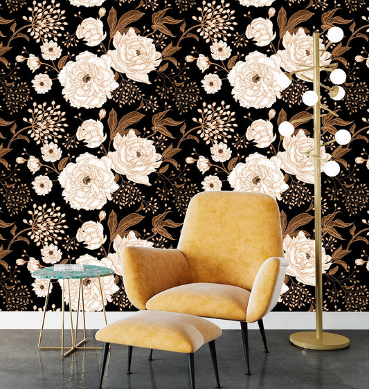 Dark Floral Wallpaper Peel and Stick, Black and White Wallpaper, Big Flower Wallpaper, Peony Wallpaper, Removable Wall Paper