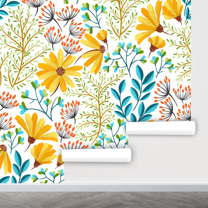 Yellow Floral Wallpaper Peel and Stick, Spring Wallpaper, Wildflower Wallpaper Nursery Wallpaper, Removable Wall Paper